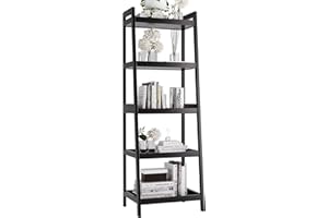 vovala Bookshelf, 5 Tier Ladder Bookcase with Bamboo Frame, Freestanding Tall Narrow Display Plant Shelf for Living Room, Kitchen, Bedroom, Balcony, Black