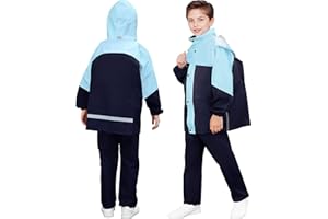 Baogaier Enfants Imperméable à Capuche, Unisexe Fille Garçon Léger Manteau Veste de Pluie et Pantalon Combinaison avec Bandes Réfléchissante, Vêtements de Pluie pour Sport Randonnée Voyage 8-14 Ans