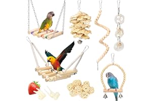 ALFFREUDE 18 Pièces Jouet Perroquet, Jouets pour Oiseaux, Jouet Perruche, Cage à Oiseaux Perchoir Échelle à Mâcher Hamac Balançoire à Mâcher pour Pinsons, Petites Perruches et Autres