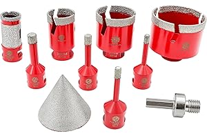 FOCSTOL Punte Diamantate Gres Porcellanato - Punte Trapano Diamantate per Piastrelle Ceramica 10 pezzi (6/6/8/10/35/50/68mm+50mm Punte per Smusso+25mm Trapano Fresa+Adattatore)