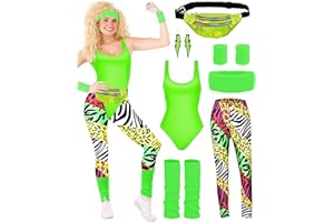 BIQIQI Disfraz Años 80 Mujer Disfraz Chándal años 80 Leotardo Legging Diadema Muñequeras Calentadores de piernas Pendientes Fanny Pack Traje de leotardo de los 80 para los años 80 y 90