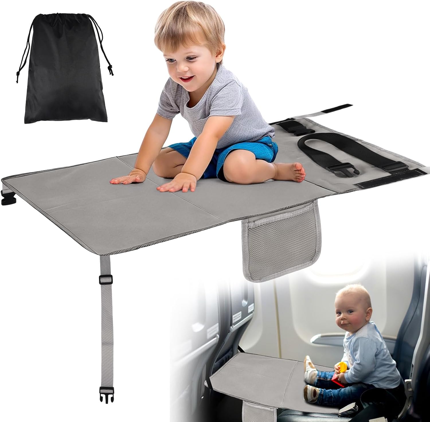 Reposapiés de Avión para Niños, Cama de Avión para Bebé, Extensión de Asiento de Avións, Cama de Viaje de Avións Portátil Plegable, Cuna Avióne Infantil, para Volar, Automóviles, Trenes (Gris)