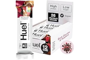 Huel Complete Nutrition Bar, 12 x 55g Bars, Dark Chocolate Raspberry, High Protein Bar, Plant-Based Protein Bars, Low Sugar, High Fibre, High-Protein Snack with Vegan Chocolate, Under 210 Calories