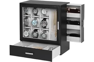 KUKIKAN 9-Slot Watch Display Case with Necklace Holder, Luxury Men’s Jewellery Box with Drawer, Standing Watch Box for Men with Clear Lid, Watch Case for Sunglasses, Vertical Storage, Space-Saving, Gift