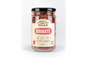 Chilli Hills Birds Eye Dried Hot Chili Peppers. Worlds Finest and Hottest Chillies Grown in Our Family Farm and Precisely dehydrated to Preserve The Flavour. 45 Grams in a Glass Jar