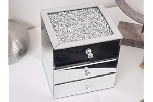 DEENZ SILVER CRUSHED DIAMANTE MIRRORED GLASS JEWELLERY BOX EYE CATCHING DESIGN BLACK VELVET INLAY TRINKET BOX MIRRORED STORAGE BOX 2 AND 3 DRAWERS (THREE DRAWER)