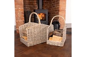 CHARLES BENTLEY Lot de 2 paniers à bûches Snug, Ouverture latérale, Osier, poignées intégrées, Forme carrée, Fait Main, Rangement Bois déco (58x39x52cm)