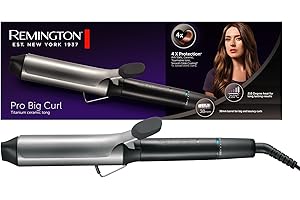 ‎REMINGTON Remington Lockenstab große Locken [38mm] Pro Big Curl (4-facher Schutz, antistatischer Keramik-Turmalin-Beschichtung) Digitales-Display bis 210°C, mit Klemme, natürliche Wellen, Schwarz, CI5538