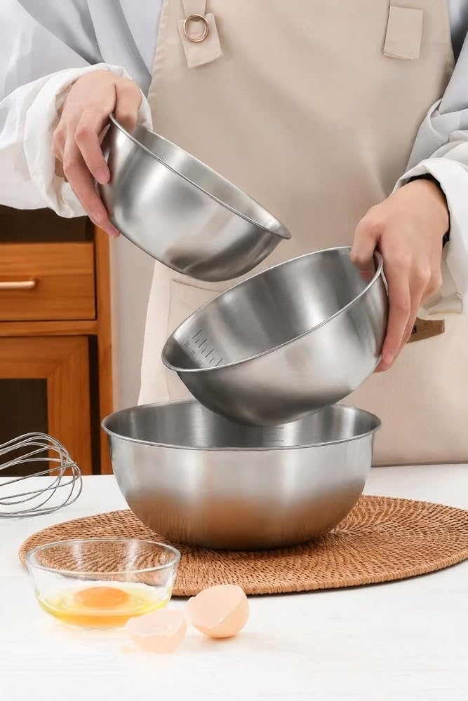 3 lü Çelik 17-19-25 cm Ölçülü Yuvarlak Hamur Yoğurma Salata Karıştırma Kasesi Mutfak Kabı