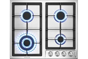 GASLAND GH60SF Plaque de cuisson à gaz encastrable en acier inoxydable, 4 feux, 60 cm cuisinière à gaz butane avec brûleur Wok, puissance 8000W, compatible LPG/Gaz naturel