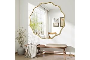 ‎BEAUTYPEAK BEAUTYPEAK Round Mirror 106 cm, Wall Mirror with Wavy Edge, Aluminium Frame, Large Round Mirror for Hanging and Leaning, Round Wall Mirror for Bedroom, Bathroom, Hallway, Gold