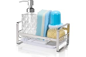 HULISEN Kitchen Sink Caddy, 304 Stainless Steel Sponge Holder for Sink Organiser, Dish Storage Accessories with Removable Drain Tray (not Including Dispenser and Cleaning Brush)