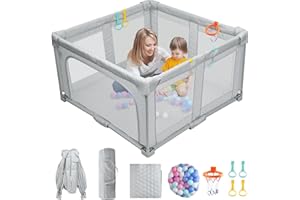FUNYKICH Foldable Baby Playpen with Soft Mat, 120x120 cm Portable Playpen for Baby and Toddlers with Visible Mesh, Baby Play Pen with 50 Ocean Ball, 4 Handles, 1 Basket, Grey