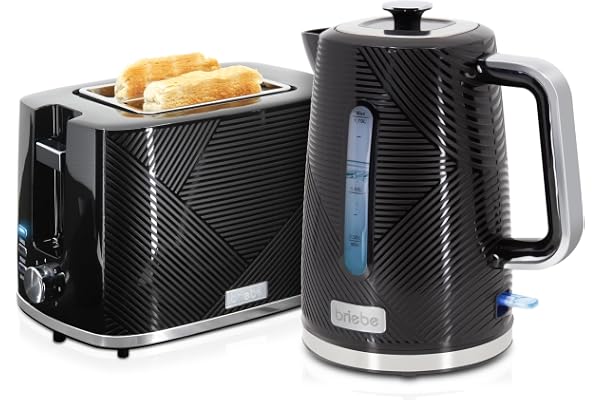 briebe Elegance Ensemble Grille Pain 2 Fentes Tranches Larges, 7 Niveaux de Dorage + Bouilloire Électrique 1,7 L sans Fil, 2200 W, sans BPA, Pack Petit Déjeuner Électroménager, Design Moderne (Noir)