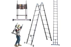 7Sevenjokers 16.4FT/ 5M Telescopic Garden Ladder Extendable Ladders Loft Ladder, Multi-Purpose Telescoping Combination Stabiliser Bar, Portable Foldable A-frame Ladder(2.5M+2.5M), Silver