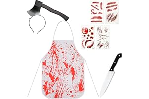 Aoriher 7 Piezas Set Disfraz Sangriento de Halloween para Hombres con Delantal Sangriento de Salpicaduras de Sangre Cuchillo Sangriento Falso Diadema de Hacha Tatuajes Temporales Falsos de Heridas