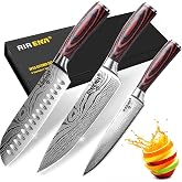 Professional Chef Knife Set of 3 | 8" Chef Knife | 7" Japanese SANTOKU | 5" Paring Knife and Finger Guard | High Carbon Stain
