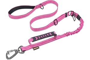 AUBELL Tactical Dog Lead Heavy Duty,4-6ft Reflective Strong No Pull Bungee Lead for Medium Large Dogs with Comfortable Padded Double Handle,Car Harness, 360 Degree Rotating Carabiner,Pink