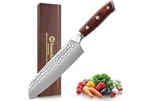 Sunnecko Couteau Cuisine de 18 cm, Couteau Japonais de Cuisine Professionnelle en Acier Inoxydable Allemad, Couteau Santoku Chef avec Manche en Bois Pakka