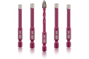 QUEFORET Diamond Drill Bits Set 5pcs - 4pcs 6mm Dry Hole Saw, 1pc 6mm Carbide Bit for Ceramic Porcelain Tile Marble Granite, Quick Change Hex Shank