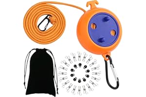 ETOFIXEE Wäscheleine Ausziehbar rutschfeste Camping Wäscheleine 10m Reisewäscheleine, Mit 10 Halteschnallen und 20 Wäscheklammern, Zubehör Gadgets für Waschküche Balkon Garten Camping Wohnmobil