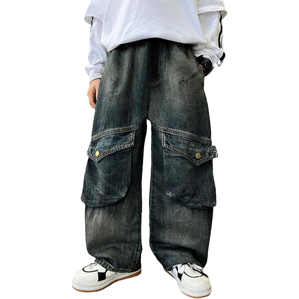 Jean Cargo Baggy élastique Taille Haute - Pantalon Denim Vintage Unisexe Enfants, Jambe Large, Poches Multiples, Style Rétro Streetwear - 5