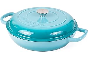 Shallow Cast Iron Casserole with Lid – Non Stick Dutch Oven Pot, Oven Safe up to 500° F – Sturdy Ovenproof Stockpot Cookware – Enamelled Cooking Pot – Blue, 3.7-Quart, 30cm – by Nuovva