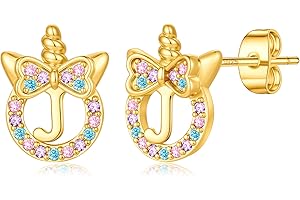 TINGN Boucles d'oreilles licorne pour filles - Argent 925 hypoallergénique - Zircon arc-en-ciel coloré - Boucles d'oreilles avec lettres en or - Bijoux licorne - Cadeau pour fille de 5 à 12 ans