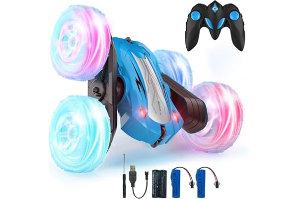Rodzon Voiture Télécommandée Enfant, 360°Rotation Camion Cascadeuse avec Feux de Roue, 2.4GHz RC Voiture Radiocommandee Jeux Extérieur Jouet Cadeau pour Garçon Fille 6 ans et plus, 2 x Batterie (Bleu)