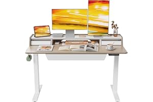 FEZIBO Standing Desk with 3 Drawers Storage Shelf, 140 * 60cm, Splice Board, White Frame/Light Walnut Top