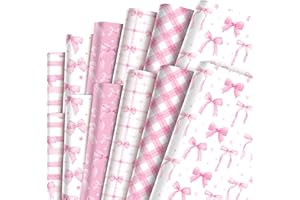 ZIDOLEY Lot de 12 rouleaux de papier cadeau d'anniversaire avec joli nœud rose pour la fête des mères, la Saint-Valentin, Pâques, une fête prénatale, une fête (blanc/rose)