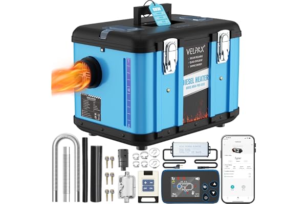 VELPAX Chauffage Diesel 8 KW 12V/24/220V Tout-en-Un Portable Chauffage à Air Diesel,0,16-0,52 L/h Réchauffeur d'air Diesel 8-36 ℃ Réglable 15-20 m² Contrôle Intelligente Télécommande LCD Bluetooth APP