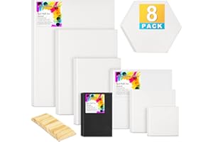 WARDWOLF Stretched Canvases for Painting Multi Pack of 8，Assorted Small Size 4x4, 6x6, 8x8,4x6, 6x8, 8x10, 9x12, Blank Mini Art Paint Canvas for Acrylics, Oils,Include Tension Wedges & Hexagon Shapes