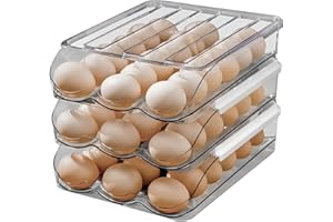 MEMEYOU Portauova di grande capacità per frigorifero, contenitore per uova arrotolabile automatico, vassoio organizer impilabile per frigorifero, in plastica trasparente (3 strati)