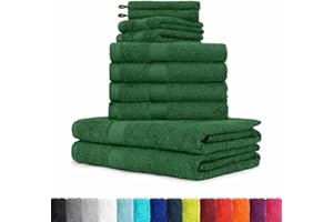 ‎BASATEX BaSaTex 10er Pack Handtuch Set - Frottee Handtücher mit Aufhängeschlaufe - 4X Handtuch, 2X Duschtuch, 2X Gästetuch, 2X Waschhandschuh - Öko-Tex Made in Green Zertifiziert - Dunkelgrün
