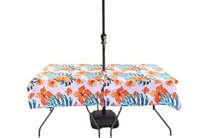 Eternal Beauty Nappe rectangulaire anti-éclaboussures avec trou de parasol et fermeture éclair pour terrasse, jardin, fête et barbecue (132 x 178 cm, fermeture éclair, fleur orange)