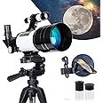 Calyrex 150X Professional Space Astronomical Monocular Telescope Smart Phone Adapter,70mm Aperture 300mm AZ Mount with Barlow 2 Lens Eyepiece & Tripod & Moon Filter Kids Star Spotting Scope(White)