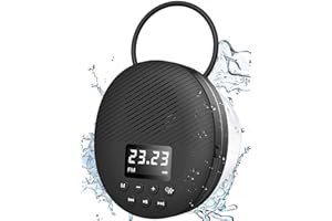 Shower Radio Speaker with Bluetooth 5.0, AGPTEK Waterproof Wireless Bathroom FM with Suction Cup 12H Long Playback Time, Lanyard, LCD Screen Display, Handsfree Calling, Storage Card Playback Black
