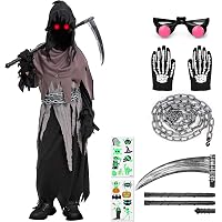 Déguisement Faucheuse Enfant – Cape, Masque Squelette, Faux, Collier, Gants, Tatouages – Pour Halloween, Carnaval, Cosplay Horreur – 5-14 Ans – Taille Ajustable