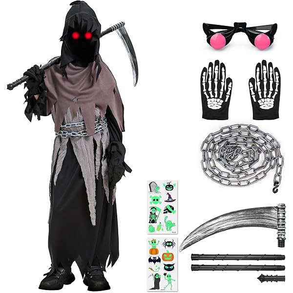 Déguisement Faucheuse Enfant Lumineux Halloween - Costume Squelette Faucheur Avec Masque LED, Cape, Faux, Collier Et Tatouage (4-12 Ans)