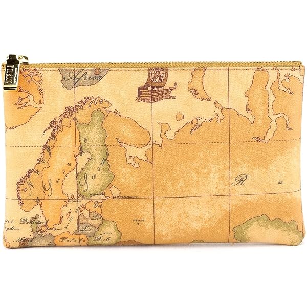 Alviero Martini Prima Classe Bustina Mini Geo Bianca In Ecopelle | Pochette Con Zip E Stampa Mappa | Misure 18x11x8 Cm | Accessorio Firmato