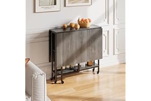 Warmiehomy Wooden Folding Dining Table with Wheels & Storage Shelves Foldable Mobile Drop Leaf Dinner Table for Apartment Kitchen Dining Room, Space Saving, 120cm(L) x 80cm(W) x 76cm(H), Grey