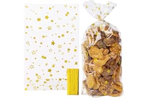COLOFALLA 100 Stk 18x30cm Gold Sterne Cellophantüten Weihnachten Plätzchentüten Kekstüten Weihnachtstüten transparent Zellophantüten Geschenktüten Geschenktasche für Süßigkeiten Bonbon