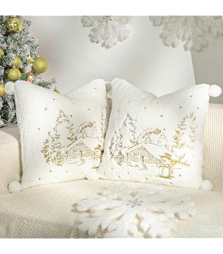 2 Weihnachts-Kissenbezüge 45x45 Cm – Aus Kunstfell & Samt, Mit 3D Schneeflocken-Stickerei, Weiß, Für Couch & Wohnzimmer