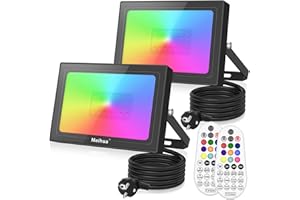 ‎MEIHUA MEIHUA 25W RGB LED Strahler 2 Pack mit Fernbedienung, IP66 Wasserdicht RGB Fluter Farbwechsel 10Farben 12Modi Außenstrahler Flutlicht mit Timer Memory Funktion für DJ Disco Garten Baum Landschaft