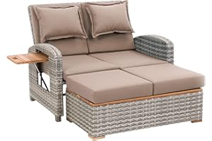 greemotion Rattan-Lounge Bahia Style 3-in-1 mit Teilen aus Teak, Gartensofa mit Bettfunktion, inkl. Hocker, grau/Taupe, ca.117 x 93 x 74 cm