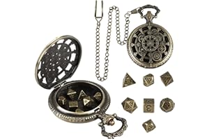 QTMMC 7Pcs Mini DND Dice Set with Steampunk Pocket Watch Shell Case Polyhedral Small Metal D&D Dice Antique DND Gifts Box RPG MTG Pathfinder Table Games Role Playing Board Game Accessories, Bronze
