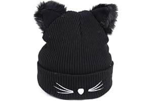 SKHAOVS Czapka beanie z kocimi uszami, ciepła dzianinowa zimowa czapka beanie, kocie uszy dzianinowa, haftowana wełniana czapka, zimna czapka, urocza jesienna i zimowa ciepła czapka dla dziewcząt i