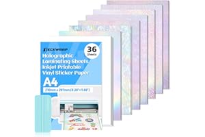 TECKWRAP Holographic Sticker Paper Clear Overlay Lamination Vinyl Matte White Inkjet Printable Vinyl A4 210mm x 297mm 36 Sheets/Pack Laminate Sticker Film for Craft, Scrapbooking, Craft Cutters