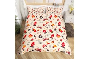 MANFEI Feuerwehrwagen Bettbezug Set,Kinder Cartoon Feuerwehrauto Druck Bettwäsche Set,Jungen Teens Feuerwehrmänner Feuerwehrausrüstung Fahrzeuge Tröster Abdeckung Moderne Orange Rot Quilt Cover S Größe
